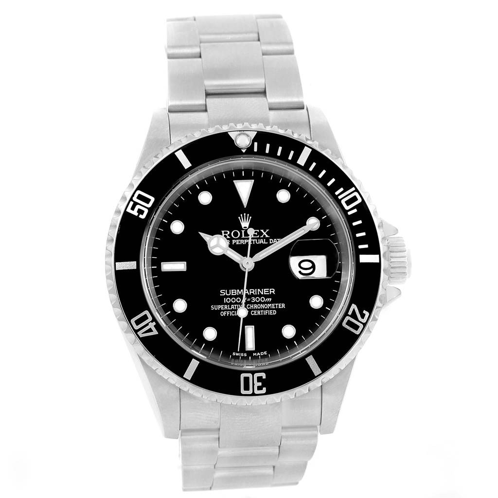 The image shows a front view of a Rolex Submariner 16610 Men's Stainless Steel Black Dial 16610 Men's Stainless Steel Black Dial watch, highlighting its dial, bezel, and bracelet.