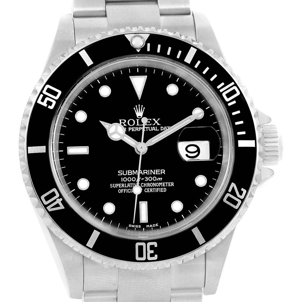The image shows a front view of a Rolex Submariner 16610 Men's Stainless Steel Black Dial 16610 Men's Stainless Steel Black Dial watch, displaying the black dial, bezel, and portion of the stainless steel bracelet.