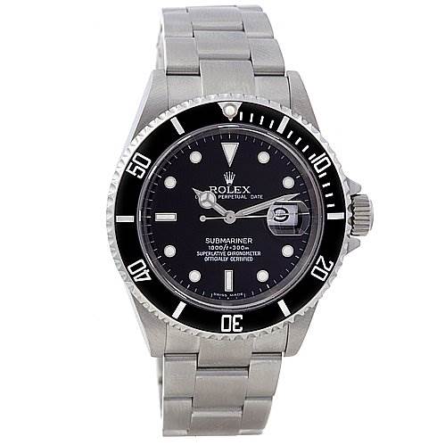The image shows a front view of the Rolex Submariner 16610 Men's Stainless Steel Black Dial 16610 Men's Stainless Steel Black Dial watch, highlighting the dial, bezel, and stainless steel bracelet.