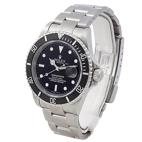 The Rolex Submariner 16610 Men's Stainless Steel Black Dial 16610 Men's Stainless Steel Black Dial watch is shown at a slight angle, highlighting the dial, bezel, crown, and bracelet.