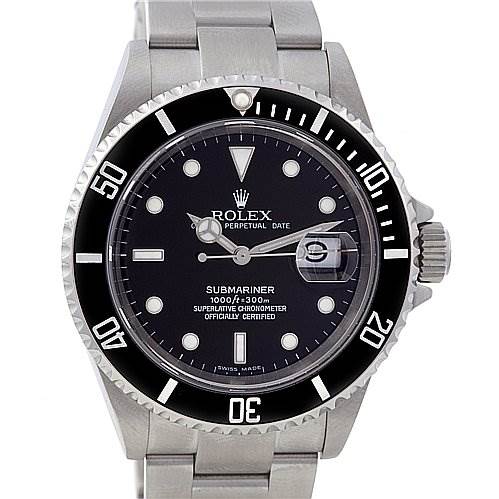 The image shows a front view of a Rolex Submariner 16610 Men's Stainless Steel Black Dial 16610 Men's Stainless Steel Black Dial watch, displaying its dial, bezel, and bracelet.