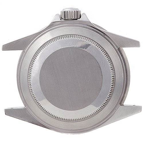 This image shows the back case and crown of a Rolex Submariner 16610 Men's Stainless Steel Black Dial 16610 Men's Stainless Steel Black Dial watch from a top-down angle.