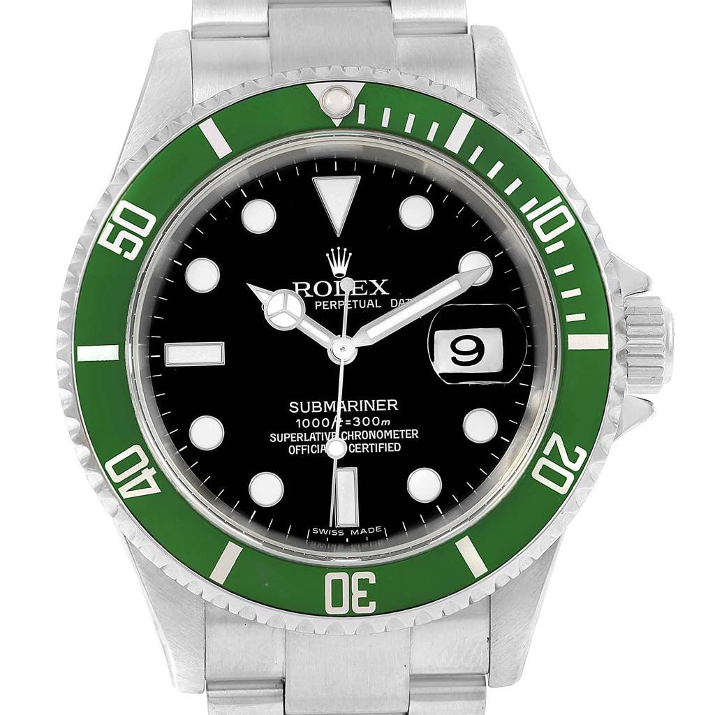 The Rolex Submariner 16610LV Men's Stainless Steel Black Dial 16610LV Men's Stainless Steel Black Dial watch is shown from the front, displaying the dial, hands, bezel, and bracelet.