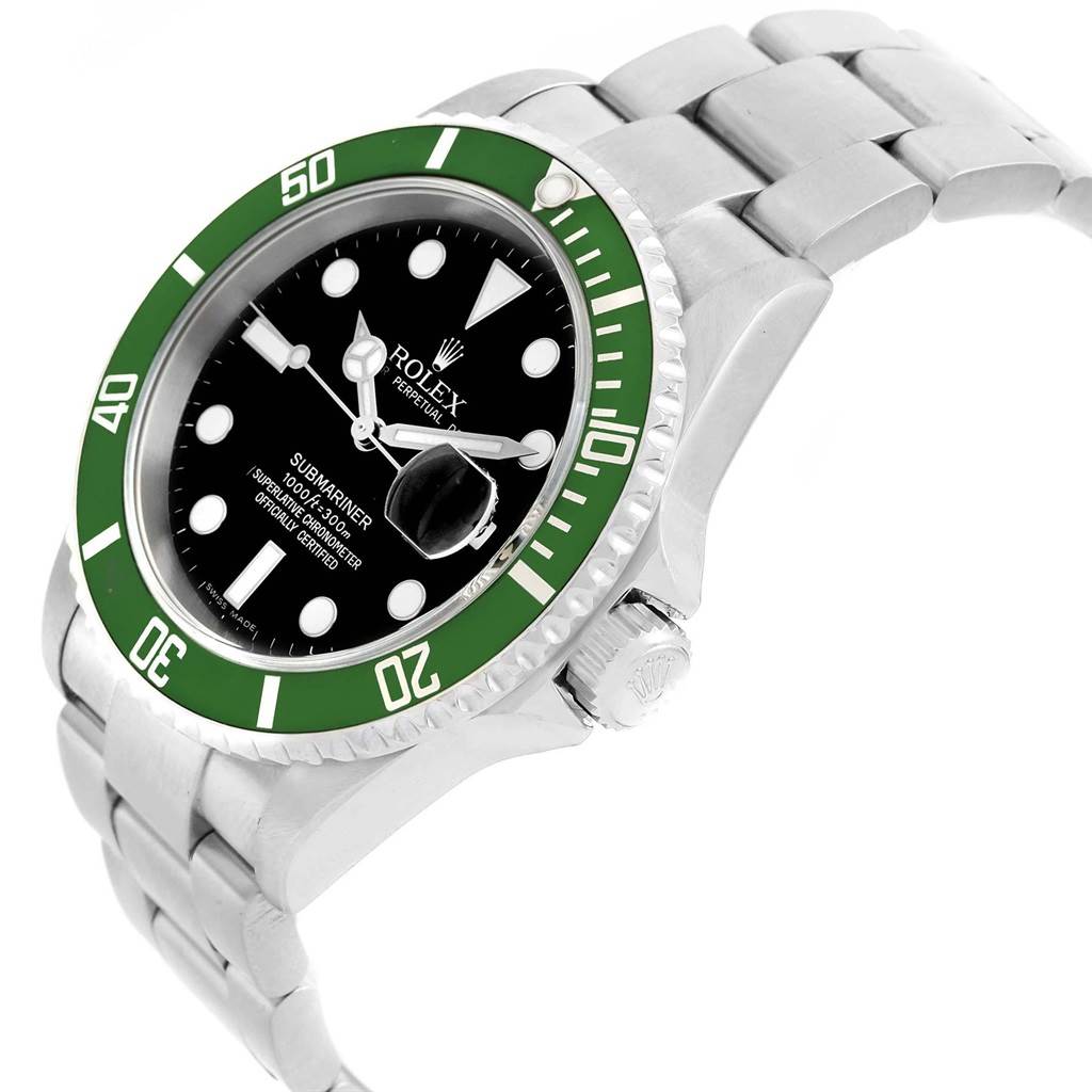 The angle shows a side view of the Rolex Submariner 16610LV Men's Stainless Steel Black Dial 16610LV Men's Stainless Steel Black Dial, highlighting the green bezel, black dial, crown, and stainless steel bracelet.