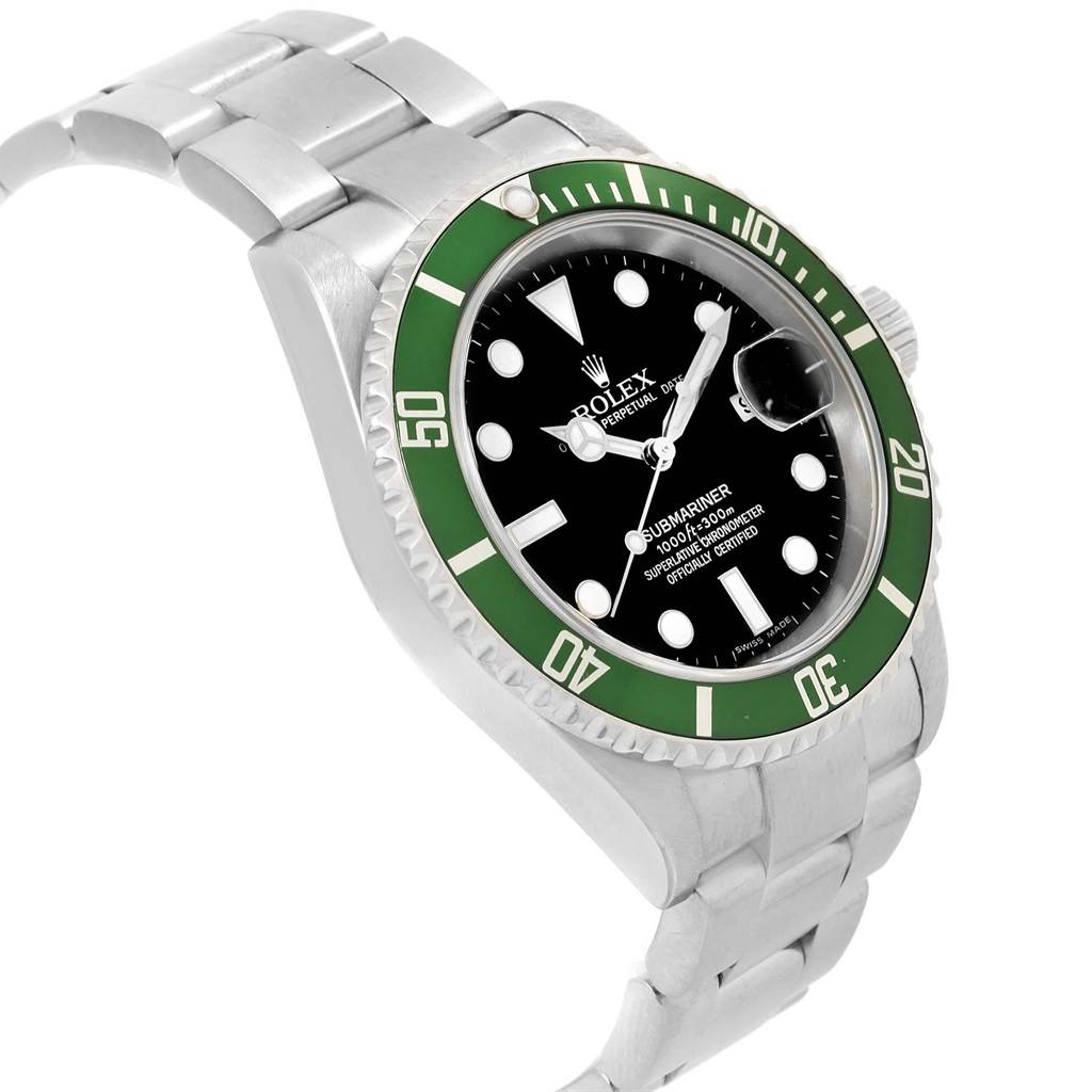 The image shows a side angle view of a Rolex Submariner 16610LV Men's Stainless Steel Black Dial 16610LV Men's Stainless Steel Black Dial watch, featuring its green bezel, black dial, and metal bracelet.