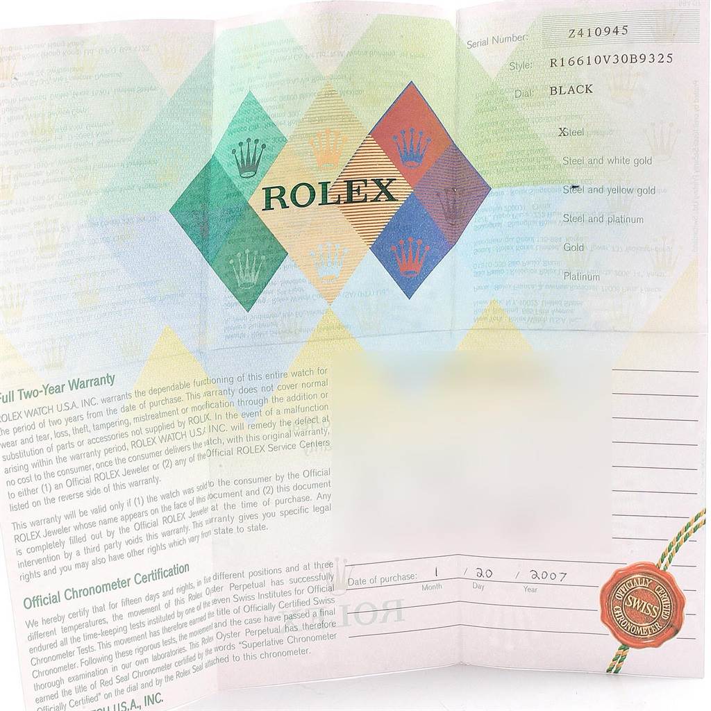 This image shows a Rolex Submariner 16610LV Men's Stainless Steel Black Dial 16610LV Men's Stainless Steel Black Dial warranty certificate with the Rolex logo and purchase details.