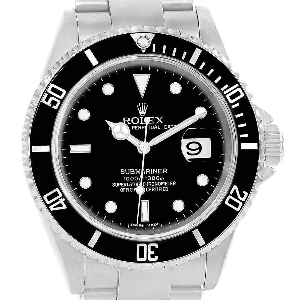 This image shows a front view of a Rolex Submariner 16610 Men's Stainless Steel Black Dial 16610 Men's Stainless Steel Black Dial watch, highlighting the dial, bezel, and bracelet.