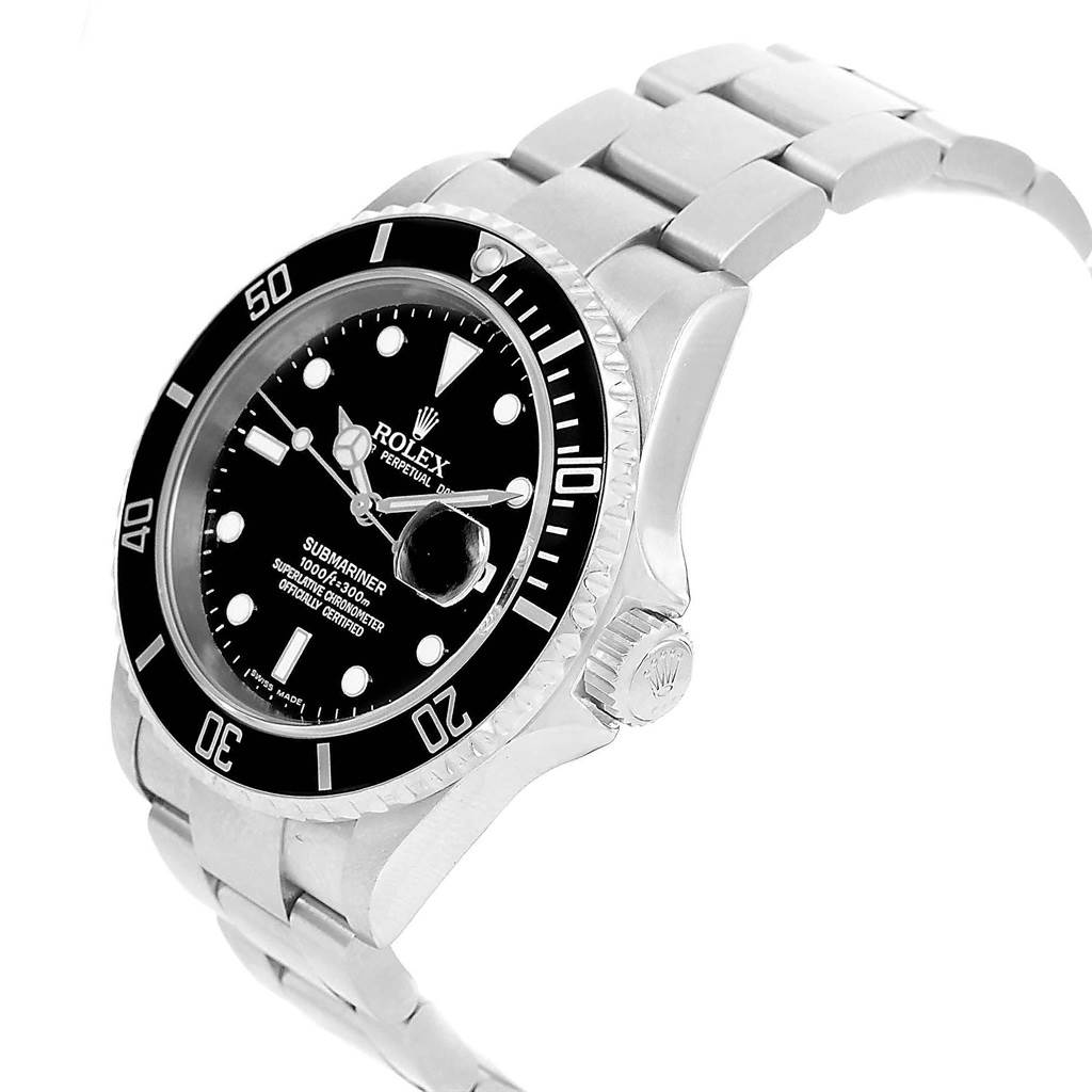 The image shows a side and front view of a Rolex Submariner 16610 Men's Stainless Steel Black Dial 16610 Men's Stainless Steel Black Dial watch featuring its stainless steel case, bezel, and bracelet.