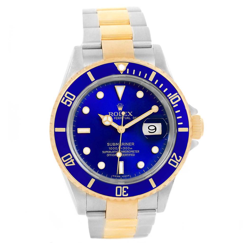 The image shows a front view of a Rolex Submariner 16613 Men's Steel and Gold (two tone) Blue Dial 16613 Men's Steel and Gold (two tone) Blue Dial watch displaying its blue dial, bezel, and two-tone bracelet.