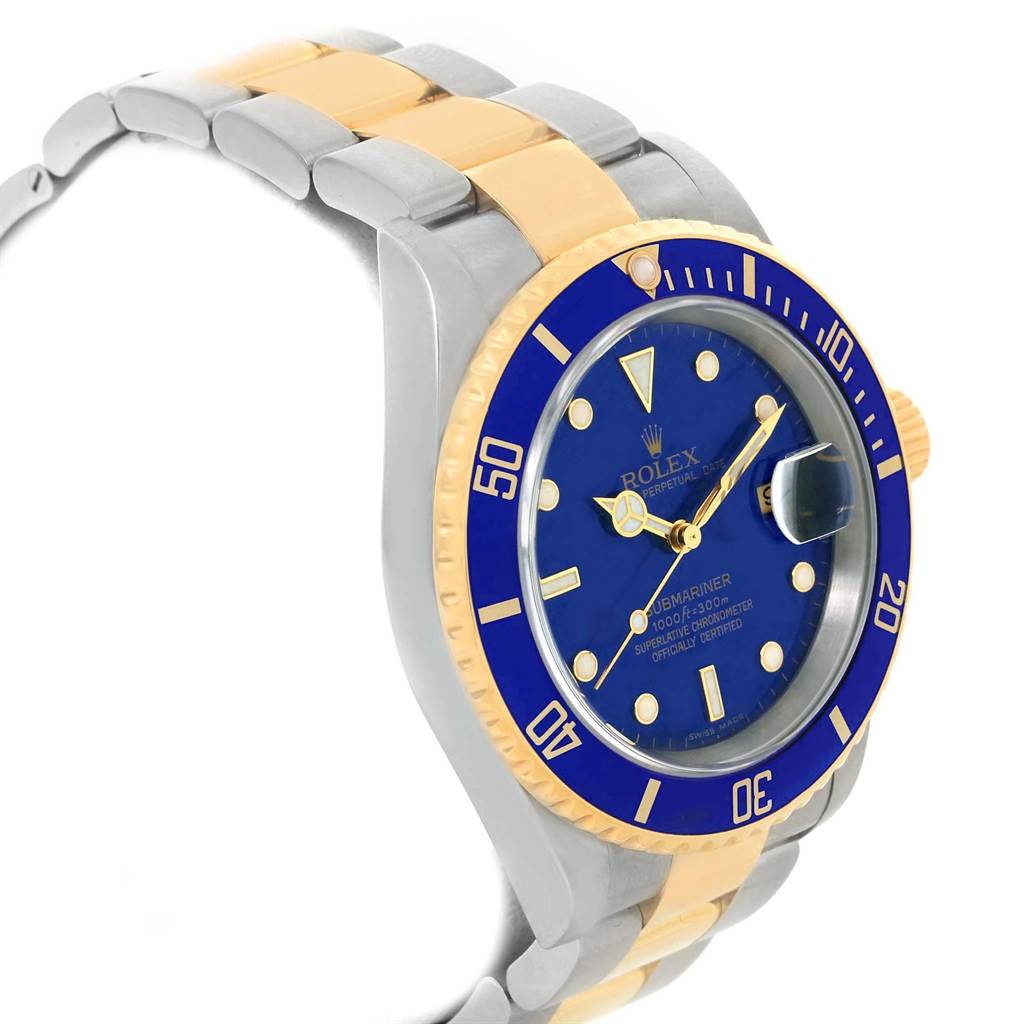 The image shows a side view of a Rolex Submariner 16613 Men's Steel and Gold (two tone) Blue Dial 16613 Men's Steel and Gold (two tone) Blue Dial watch, highlighting its blue dial, bezel, and two-tone gold and silver bracelet.