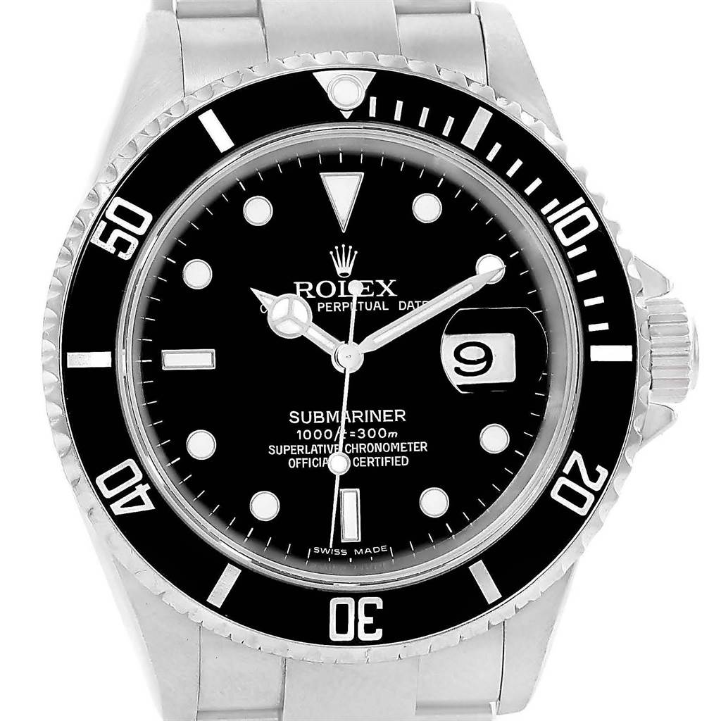 The image shows a front view of the Rolex Submariner 16610 Men's Stainless Steel Black Dial 16610 Men's Stainless Steel Black Dial watch, highlighting its dial, bezel, and part of the bracelet.