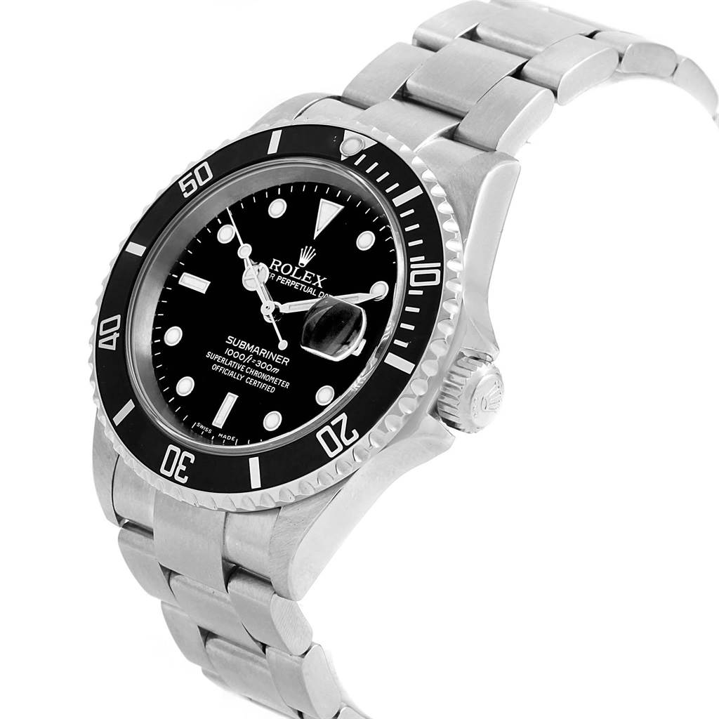 The image shows a Rolex Submariner 16610 Men's Stainless Steel Black Dial 16610 Men's Stainless Steel Black Dial watch at a three-quarter angle, highlighting the dial, bezel, crown, and bracelet.