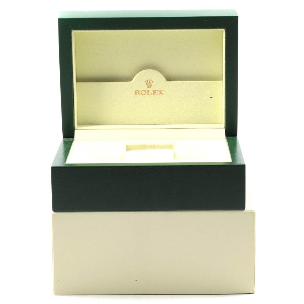 The image shows an open Rolex Submariner 16610 Men's Stainless Steel Black Dial 16610 Men's Stainless Steel Black Dial watch box, revealing its interior padding and the Rolex logo on the lid.