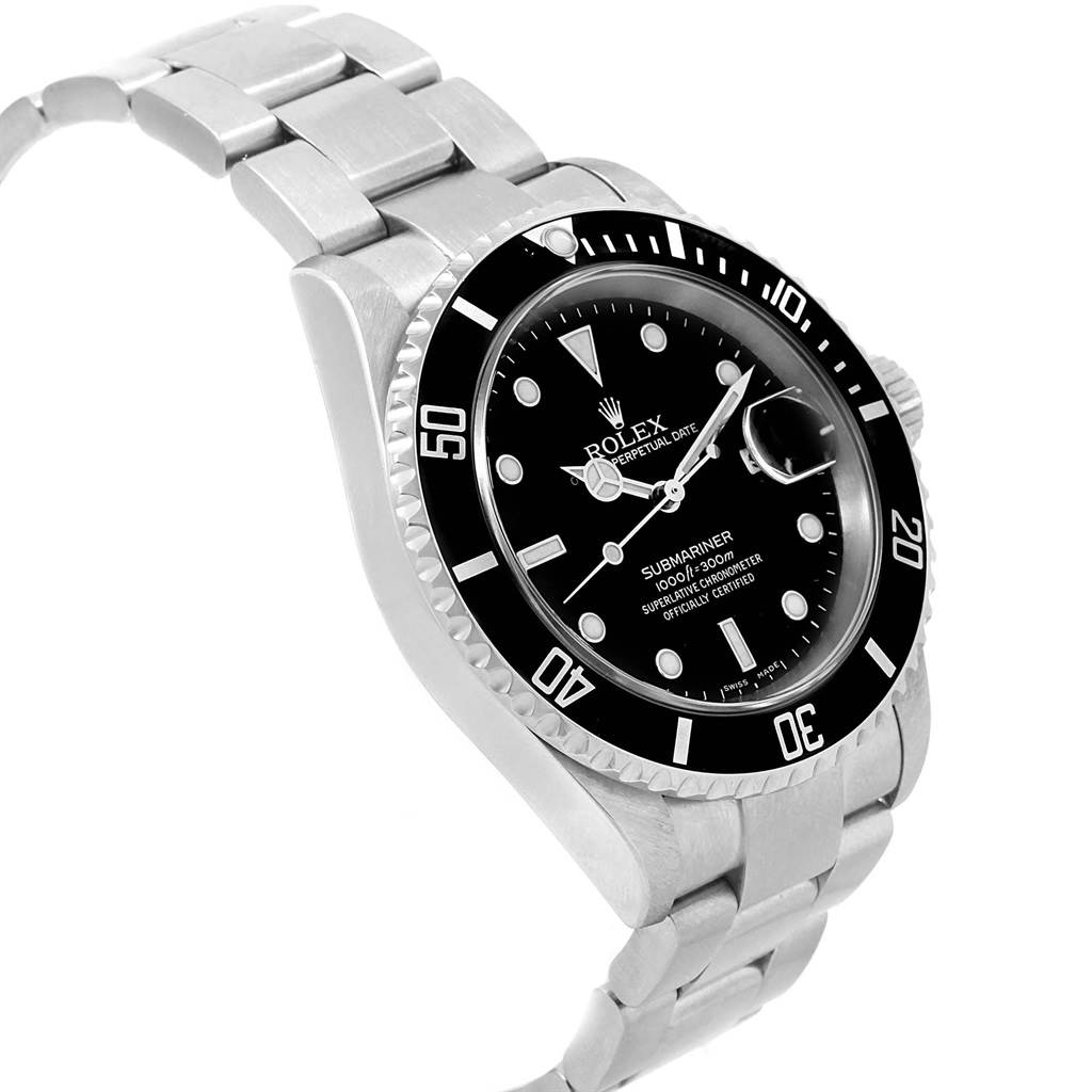 The image shows a Rolex Submariner 16610 Men's Stainless Steel Black Dial 16610 Men's Stainless Steel Black Dial watch at an angled view, displaying the case, bezel, and part of the bracelet.