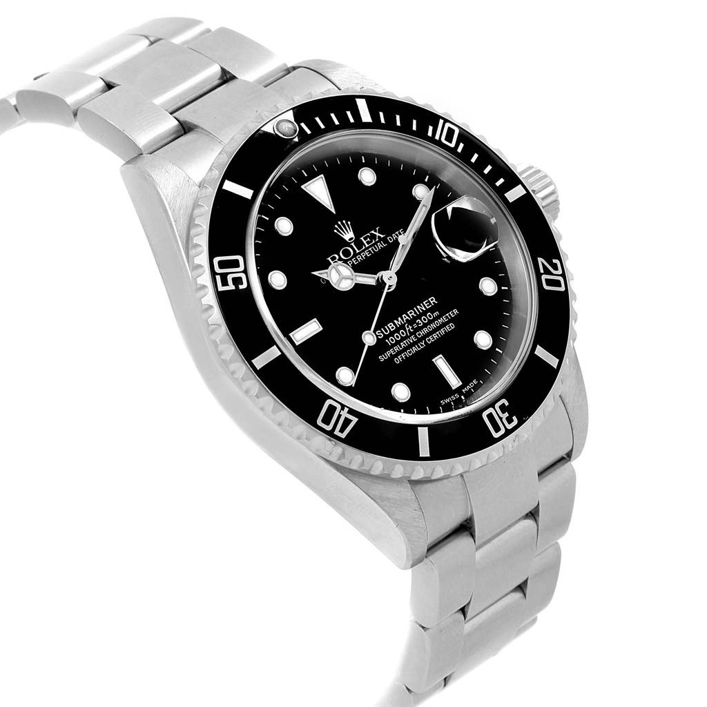 The image shows a side angle view of the Rolex Submariner 16610 Men's Stainless Steel Black Dial 16610 Men's Stainless Steel Black Dial watch, highlighting its black dial, bezel, and stainless steel bracelet.