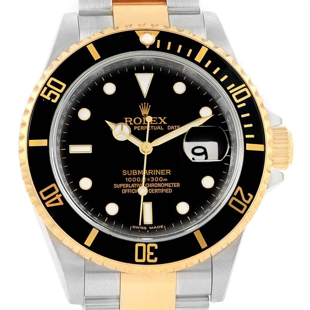 The image shows a front view of a Rolex Submariner 16613 Men's Steel and Gold (two tone) Black Dial 16613 Men's Steel and Gold (two tone) Black Dial watch, highlighting its black dial, gold bezel, and two-tone bracelet.