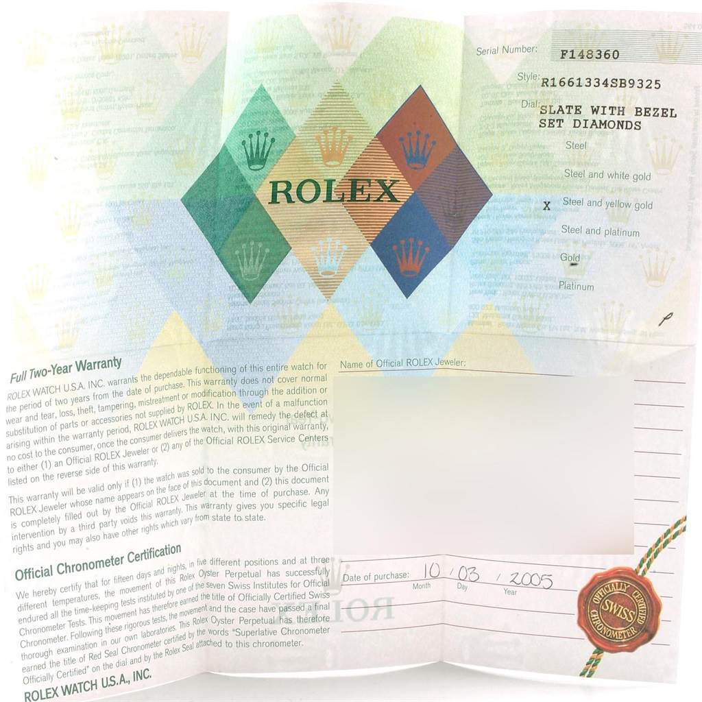 This image shows the warranty and certification papers for a Rolex Submariner 16613 Men's Steel and Gold (two tone) Grey Dial 16613 Men's Steel and Gold (two tone) Grey Dial watch.
