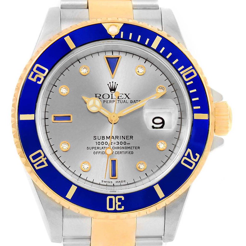 Rolex Submariner Steel Gold Diamond Sapphire Serti Watch 16613 Box Papers SwissWatchExpo