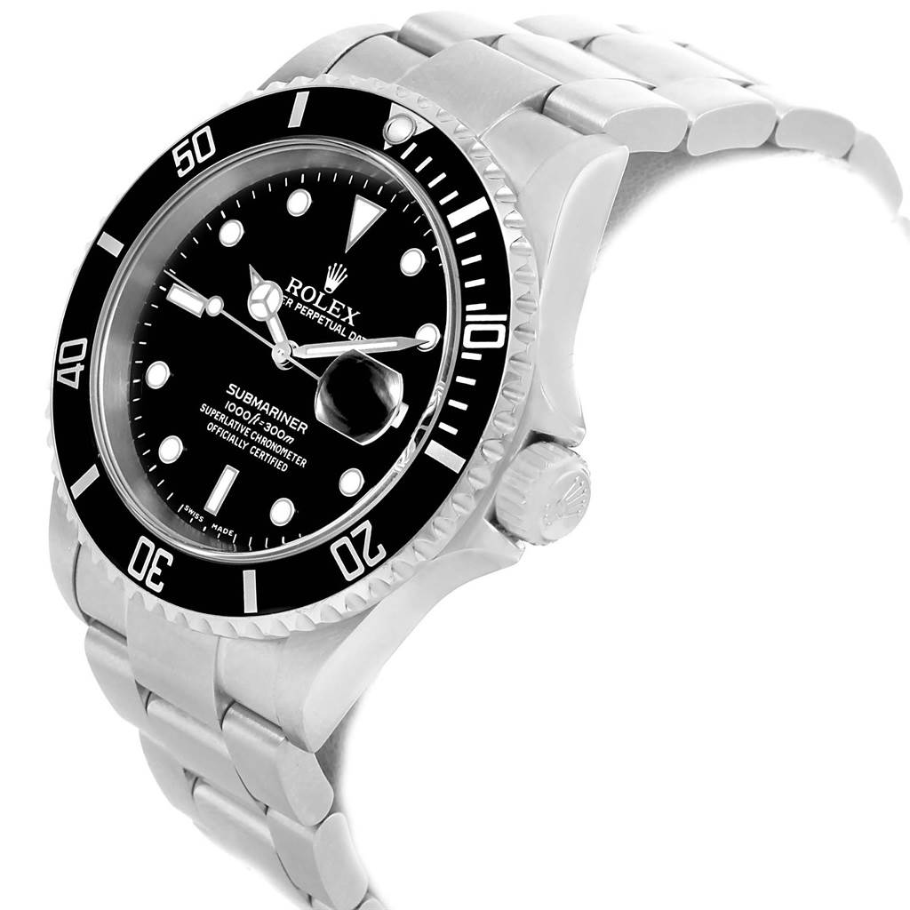 The image shows a Rolex Submariner 16610 Men's Stainless Steel Black Dial 16610 Men's Stainless Steel Black Dial watch at a slight angle, displaying the face, bezel, crown, and part of the bracelet.