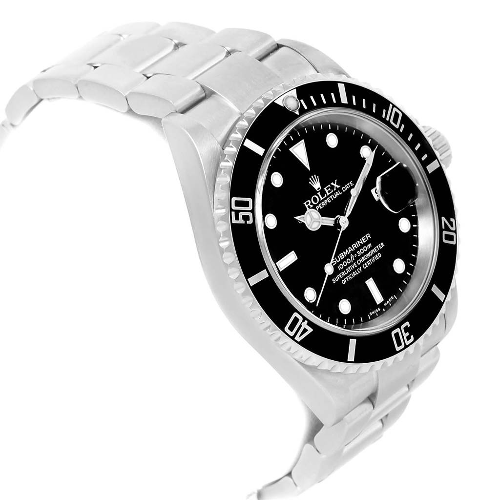 This image shows a Rolex Submariner 16610 Men's Stainless Steel Black Dial 16610 Men's Stainless Steel Black Dial watch at a side angle, highlighting its face, bezel, and band.