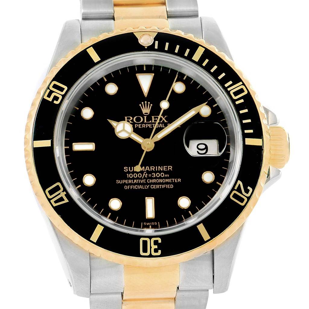 The image shows a close-up, front view of the Rolex Submariner 16613 Men's Steel and Gold (two tone) Black Dial 16613 Men's Steel and Gold (two tone) Black Dial watch, highlighting the dial, bezel, crown, and part of the bracelet.