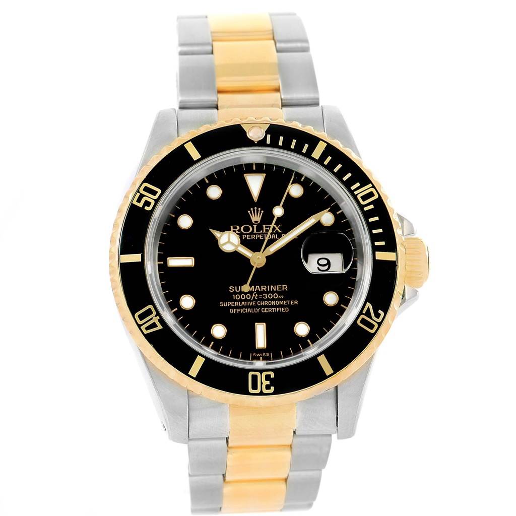 This image shows a front view of a Rolex Submariner 16613 Men's Steel and Gold (two tone) Black Dial 16613 Men's Steel and Gold (two tone) Black Dial watch, highlighting the face, bezel, and bracelet.