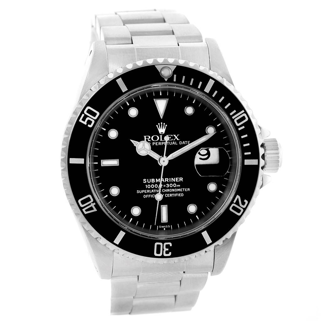 The image shows a frontal view of the Rolex Submariner 16610 Men's Stainless Steel Black Dial 16610 Men's Stainless Steel Black Dial watch, highlighting the dial, bezel, and bracelet.