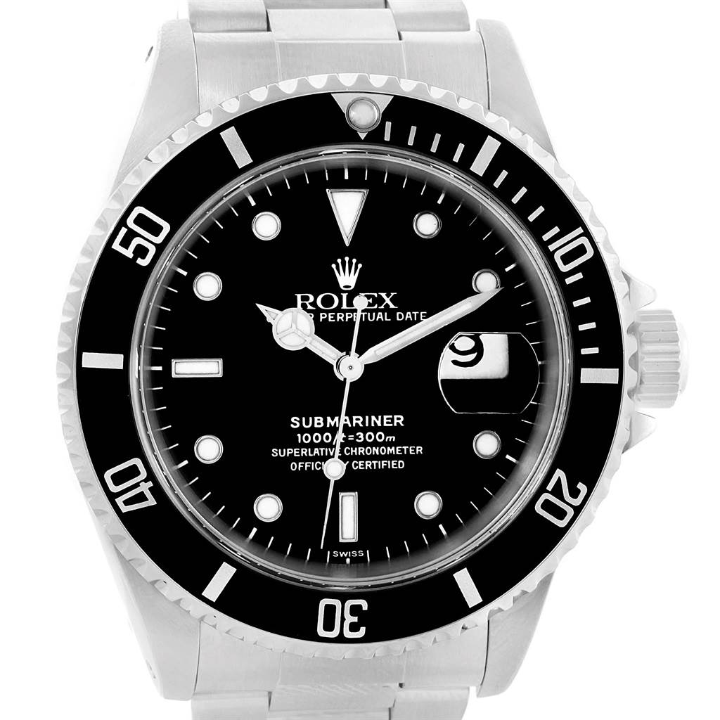 This image shows a front-facing view of a Rolex Submariner 16610 Men's Stainless Steel Black Dial 16610 Men's Stainless Steel Black Dial watch, highlighting the dial, bezel, and part of the bracelet.