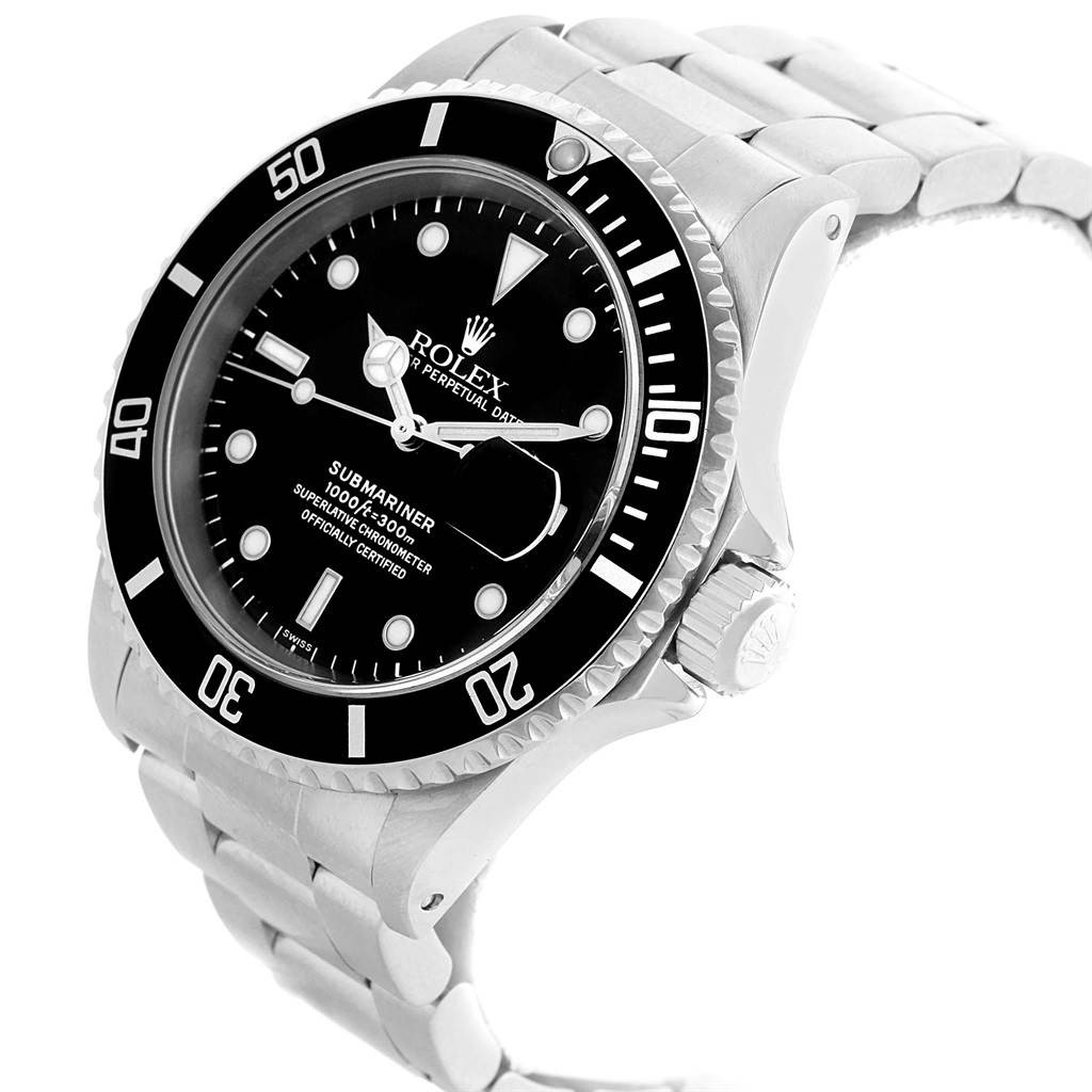 The image shows a Rolex Submariner 16610 Men's Stainless Steel Black Dial 16610 Men's Stainless Steel Black Dial watch from a diagonal angle, highlighting the dial, bezel, and part of the bracelet.