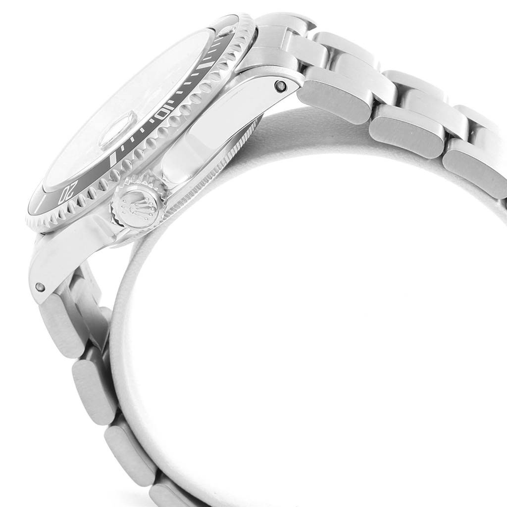 This image shows a side view of the Rolex Submariner 16610 Men's Stainless Steel Black Dial 16610 Men's Stainless Steel Black Dial watch, highlighting the crown, bezel, and metal bracelet.