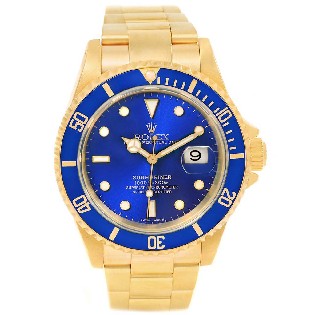 The image shows a front angle of a Rolex Submariner 16618 Men's Yellow Gold Blue Dial 16618 Men's Yellow Gold Blue Dial watch, highlighting its blue dial, bezel, and gold bracelet.