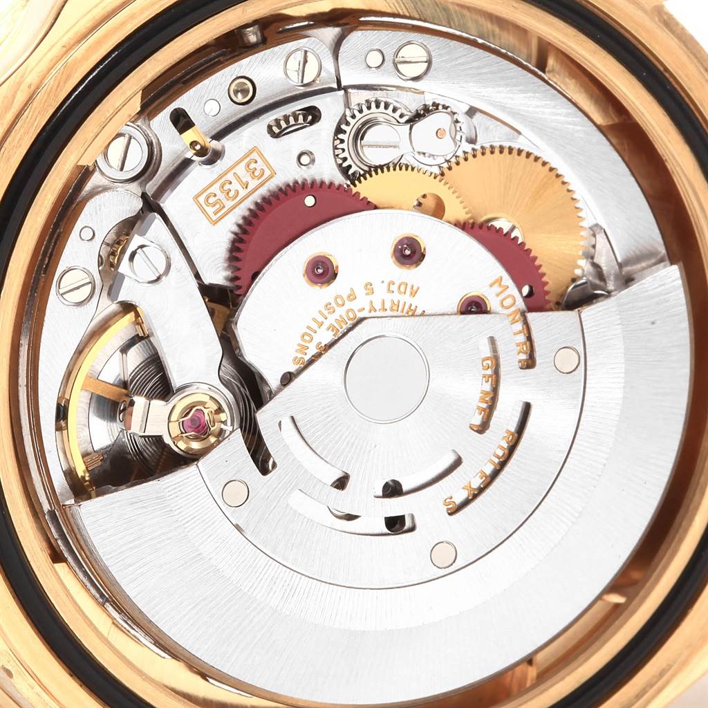 The image shows the inner mechanical movement of a Rolex Submariner 16618 Men's Yellow Gold Blue Dial 16618 Men's Yellow Gold Blue Dial watch, viewed from the back.