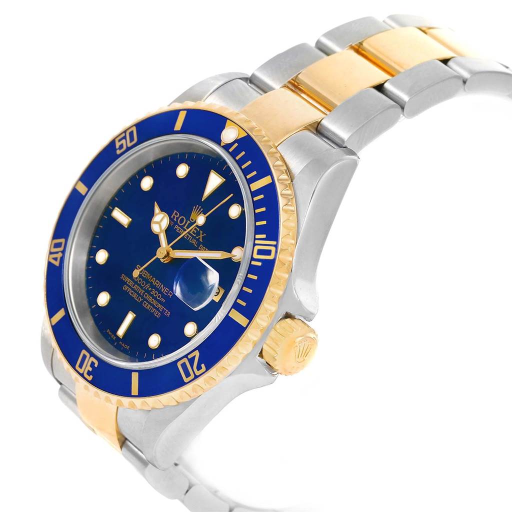 This image shows the side and front view of a two-tone Rolex Submariner 16613 Men's Steel and Gold (two tone) Blue Dial 16613 Men's Steel and Gold (two tone) Blue Dial, featuring a blue dial and bezel.