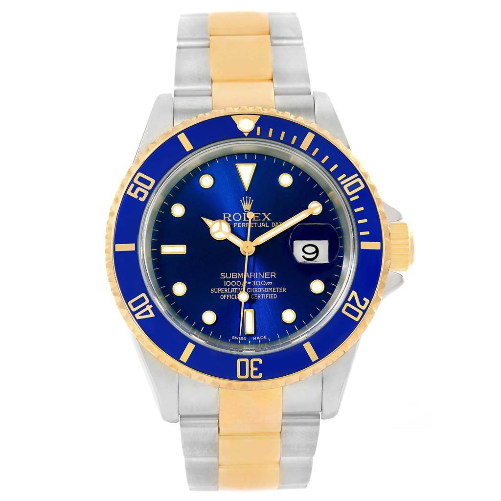 This image shows a front view of a Rolex Submariner 16613 Men's Steel and Gold (two tone) Blue Dial 16613 Men's Steel and Gold (two tone) Blue Dial watch with a blue dial, date window, and two-tone bracelet.