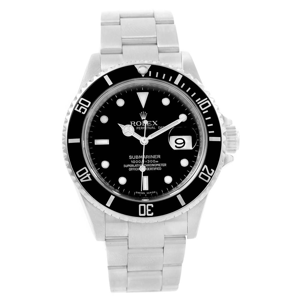 This image shows a front view of a Rolex Submariner 16610 Men's Stainless Steel Black Dial 16610 Men's Stainless Steel Black Dial watch, displaying its dial, bezel, and bracelet.