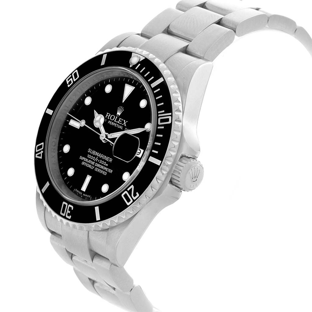 The image shows a Rolex Submariner 16610 Men's Stainless Steel Black Dial 16610 Men's Stainless Steel Black Dial watch at an angled side view, highlighting the watch face, bezel, crown, and part of the bracelet.