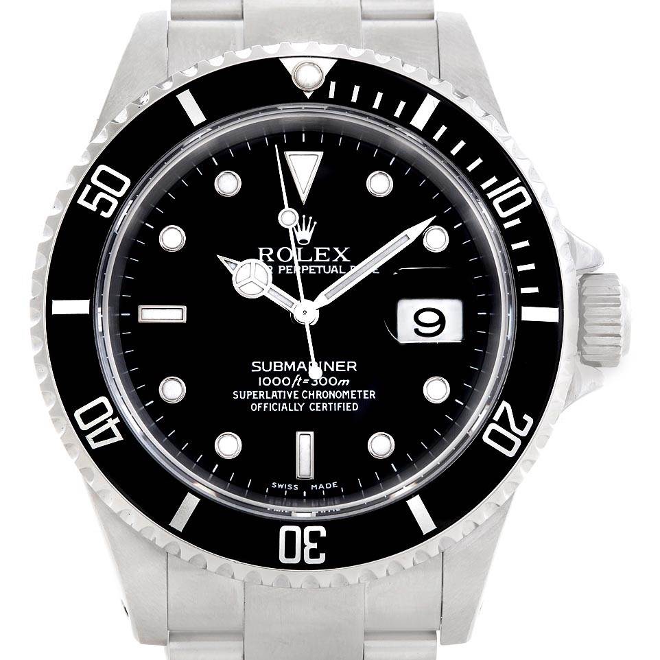 The image shows a front view of a Rolex Submariner 16610 Men's Stainless Steel Black Dial 16610 Men's Stainless Steel Black Dial watch, highlighting the dial, bezel, date display, and bracelet.