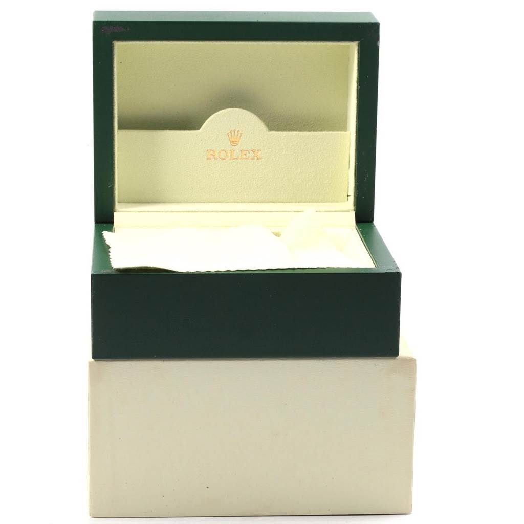 The image shows an open Rolex Submariner 16610 Men's Stainless Steel Black Dial 16610 Men's Stainless Steel Black Dial watch box from a front angle.