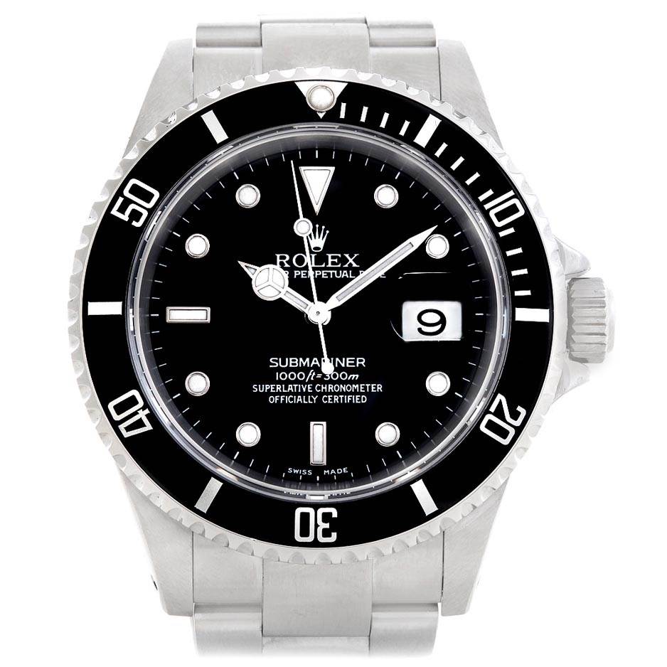 The image shows a front view of a Rolex Submariner 16610 Men's Stainless Steel Black Dial 16610 Men's Stainless Steel Black Dial watch, displaying the black dial, bezel, and stainless steel bracelet.