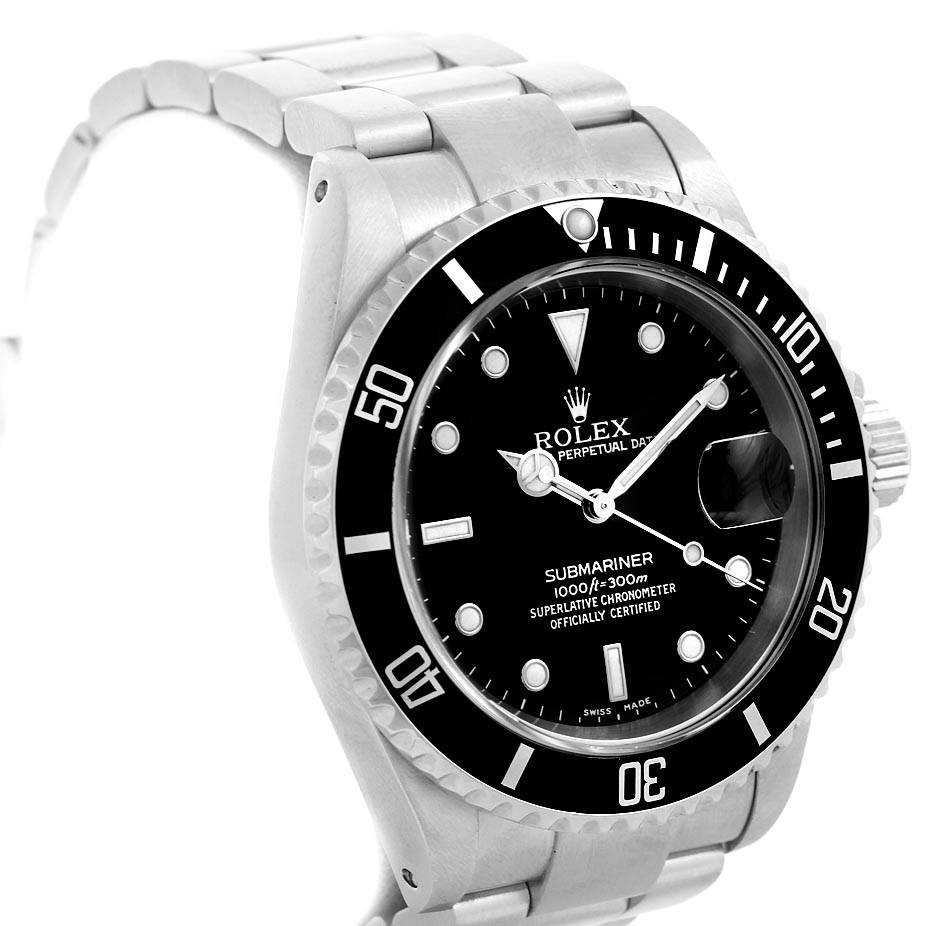 The image shows a Rolex Submariner 16610 Men's Stainless Steel Black Dial 16610 Men's Stainless Steel Black Dial watch from a slightly left side angle, highlighting the dial, bezel, and part of the bracelet.