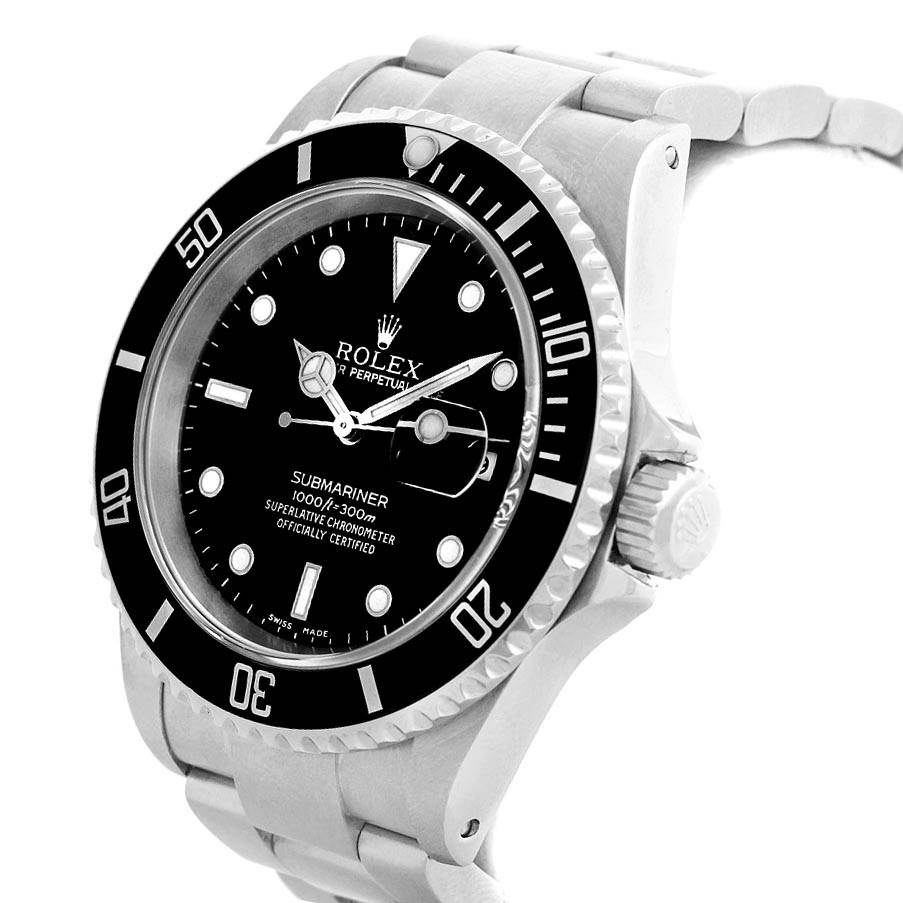 The image shows a Rolex Submariner 16610 Men's Stainless Steel Black Dial 16610 Men's Stainless Steel Black Dial watch at a three-quarter angle, highlighting the dial, bezel, and bracelet.