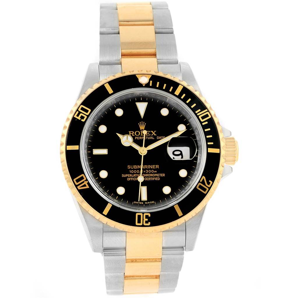 The image shows a front view of the Rolex Submariner 16613 Men's Steel and Gold (two tone) Black Dial 16613 Men's Steel and Gold (two tone) Black Dial watch, displaying the dial, bezel, and two-tone metal bracelet.