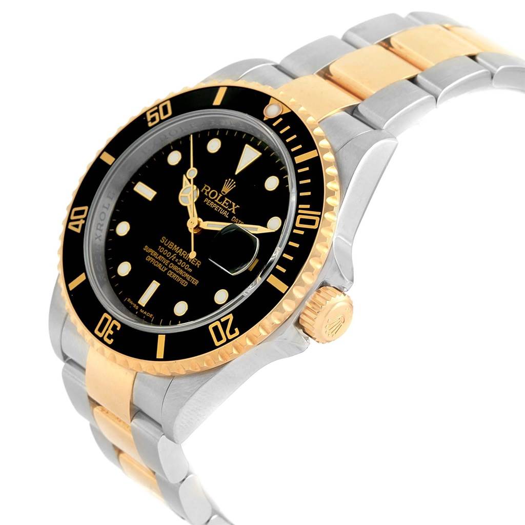 The image displays a side and somewhat top angle of the Rolex Submariner 16613 Men's Steel and Gold (two tone) Black Dial 16613 Men's Steel and Gold (two tone) Black Dial, showcasing its black dial, gold bezel, and two-tone metal bracelet.