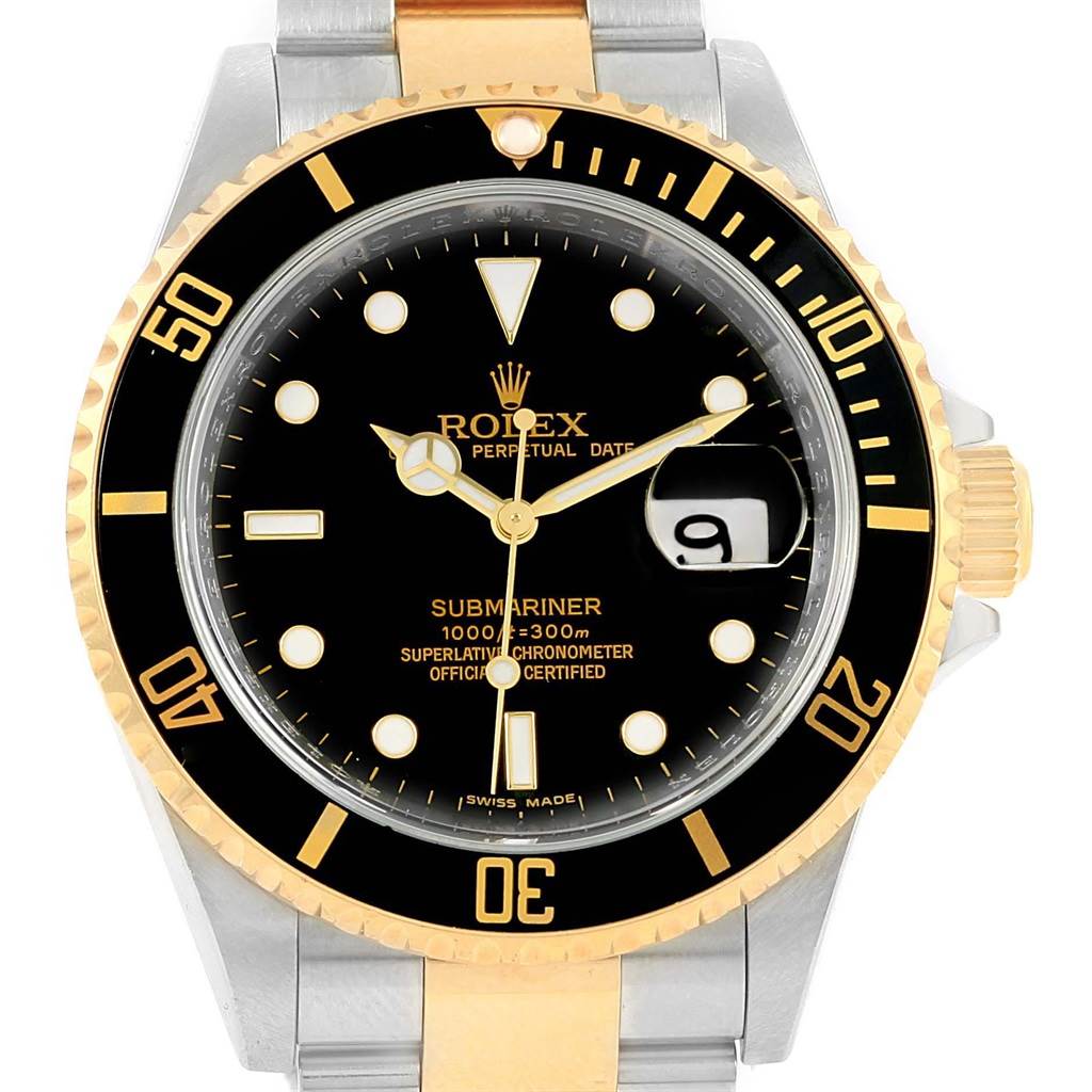 This image shows the face, bezel, and part of the bracelet of a Rolex Submariner 16613 Men's Steel and Gold (two tone) Black Dial 16613 Men's Steel and Gold (two tone) Black Dial watch at a front angle.