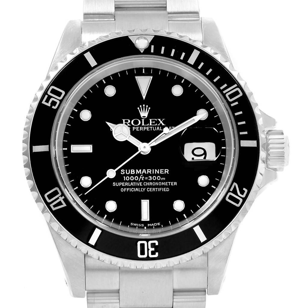 This Rolex Submariner 16610 Men's Stainless Steel Black Dial 16610 Men's Stainless Steel Black Dial watch is shown from a front angle, displaying the dial, bezel, and stainless steel bracelet.
