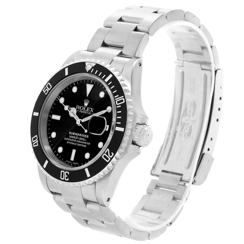 The image shows a Rolex Submariner 16610 Men's Stainless Steel Black Dial 16610 Men's Stainless Steel Black Dial watch at a three-quarter angle, highlighting the watch face, bezel, crown, and bracelet.