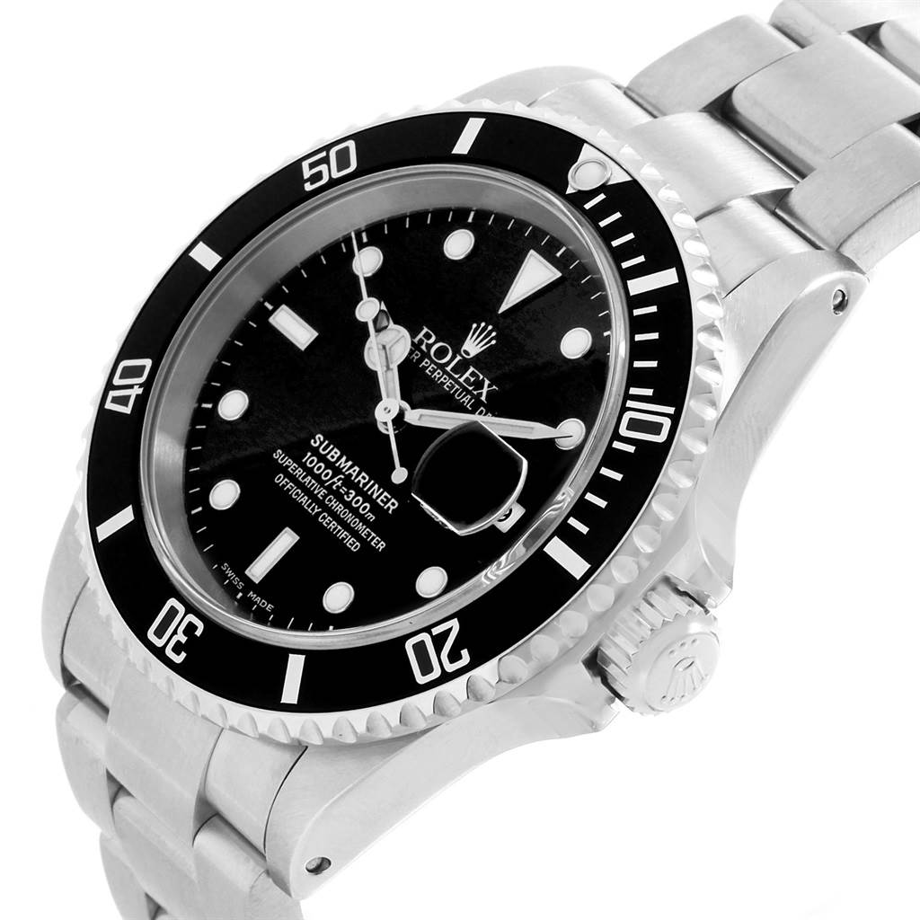 The image shows a close-up angled view of the Rolex Submariner 16610 Men's Stainless Steel Black Dial 16610 Men's Stainless Steel Black Dial watch, highlighting the dial, rotating bezel, and part of the bracelet.