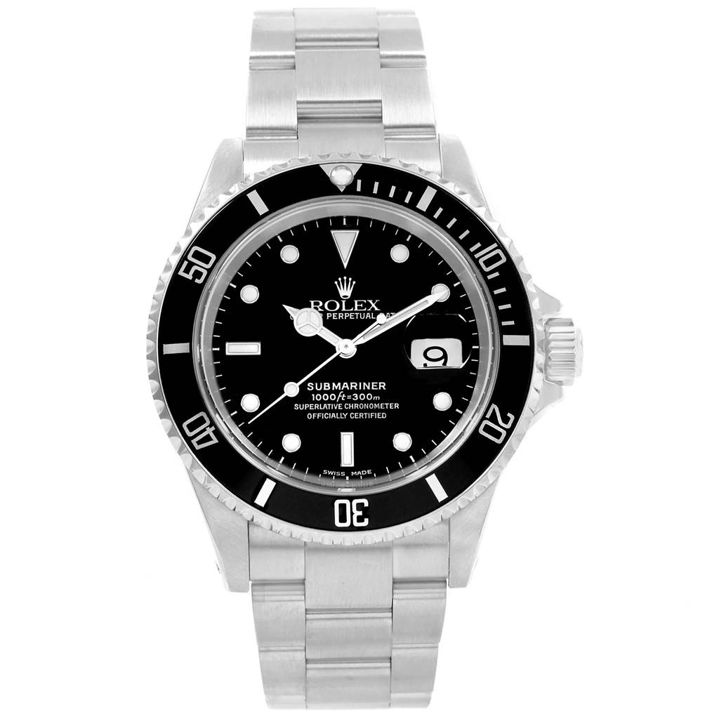 The image shows a front view of the Rolex Submariner 16610 Men's Stainless Steel Black Dial 16610 Men's Stainless Steel Black Dial watch, displaying its face, bezel, crown, and stainless steel bracelet.