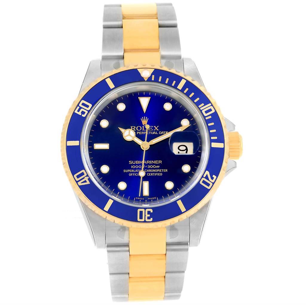 The Rolex Submariner 16613 Men's Steel and Gold (two tone) Blue Dial 16613 Men's Steel and Gold (two tone) Blue Dial watch is shown from a front view, displaying its dial, bezel, and bracelet.