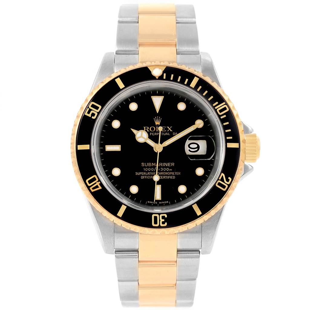 The Rolex Submariner 16613 Men's Steel and Gold (two tone) Black Dial 16613 Men's Steel and Gold (two tone) Black Dial watch is shown from a front view, displaying its black dial, date window, and two-tone bracelet.